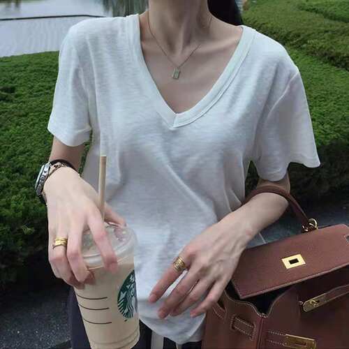 2026早春新款夏季白色t恤女短袖宽松百搭纯棉v领打底衫内搭上衣潮 - 图1
