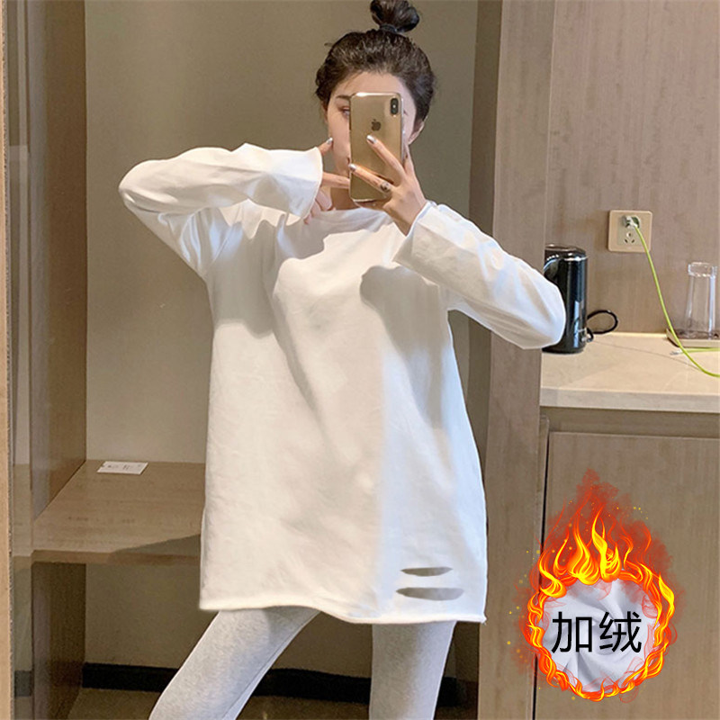 白色内搭打底衫女装秋冬季加绒长袖t恤上衣中长款遮屁股洋气上衣