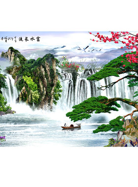 有山有水富水长流流水生财瀑布风景画装饰画自粘客厅办公室招财画