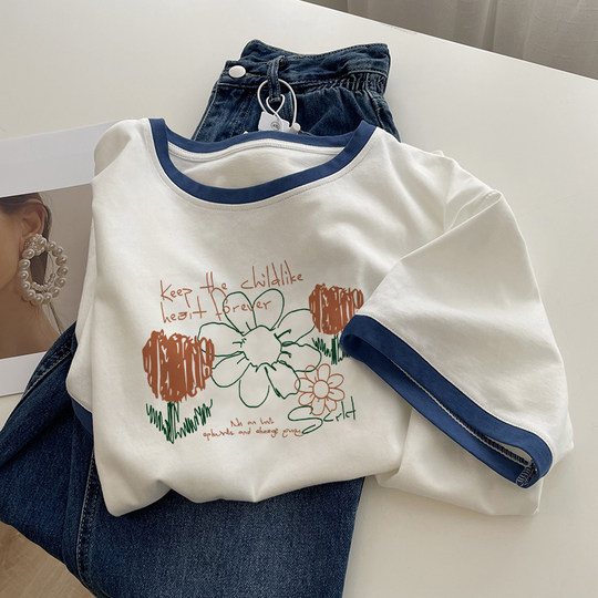 白色圆领纯棉短袖t恤女夏季宽松2025年新款女装印花体恤美式上衣