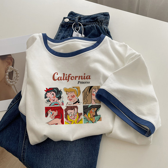 白色圆领纯棉短袖t恤女夏季宽松2025年新款女装印花体恤美式上衣