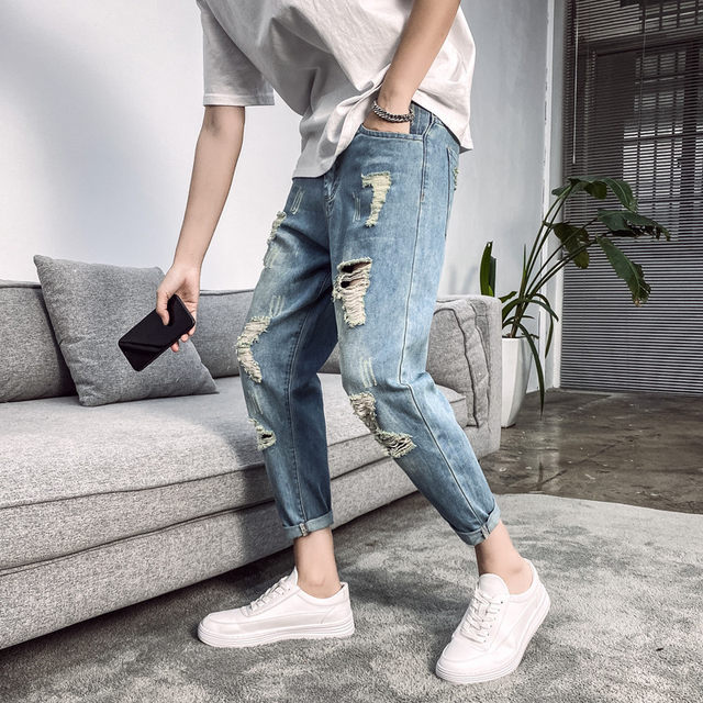 Summer piercing nine -point jeans boys Korean version of wild foot beggar pants tide card casual loose Haron pants