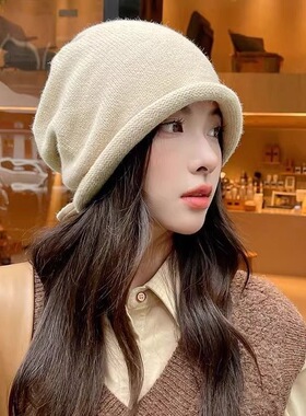 女秋冬日韩堆堆帽子大头围护耳抽绳包头帽百搭保暖针织帽小红书