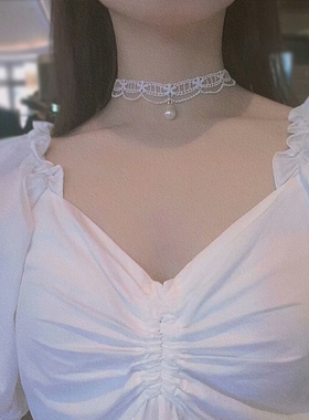 白色蕾丝珍珠颈链超仙锁骨链