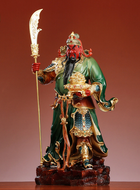 纯铜彩绘聚宝盆立刀关公神像家用