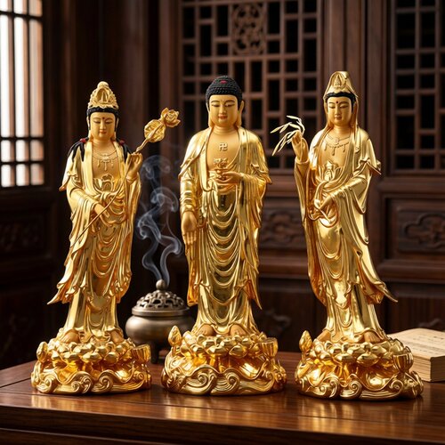 西方三圣佛像纯铜贴金阿弥陀佛站像居家供奉观音菩萨佛像客厅摆件 - 图2