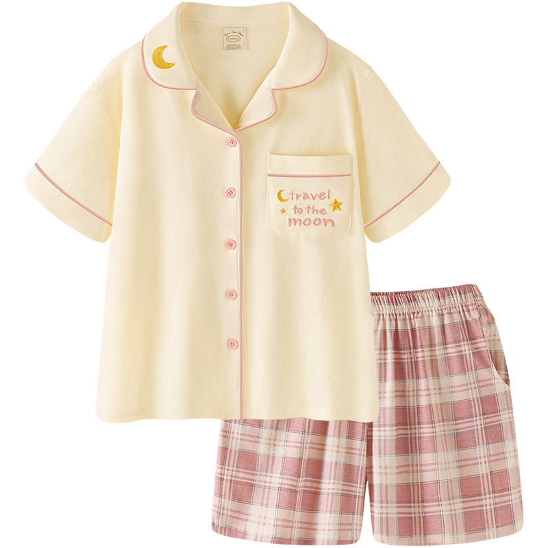 情侣夏天短袖纯棉可外穿格子夏睡衣 pinksea内衣睡衣/家居服套装