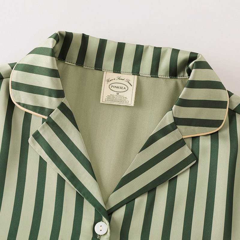 情侣夏冰丝高级感竖条纹短袖睡衣 pinksea内衣睡衣/家居服套装