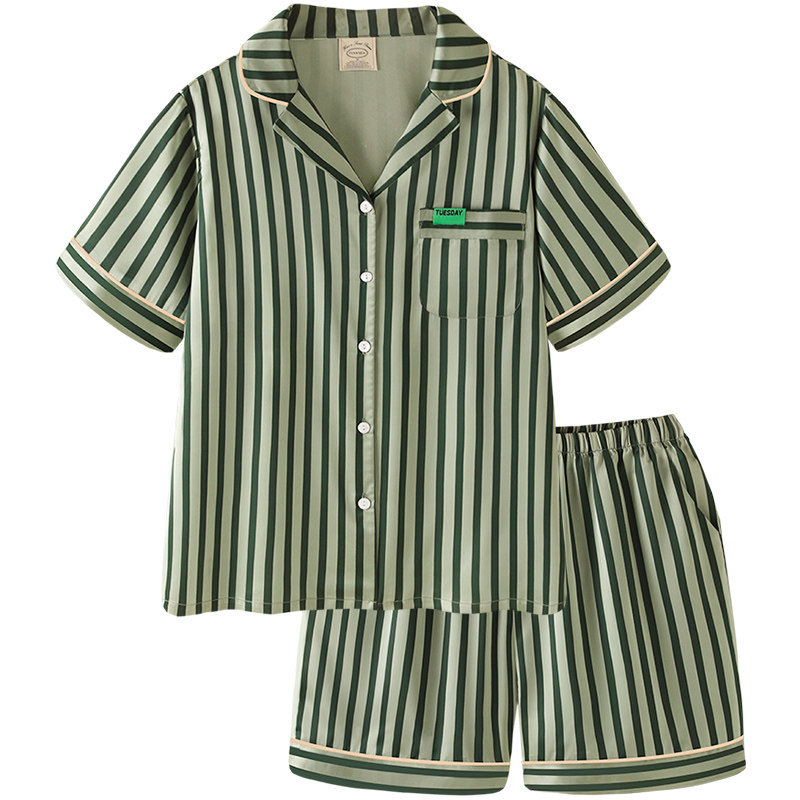 情侣夏冰丝高级感竖条纹短袖睡衣 pinksea内衣睡衣/家居服套装