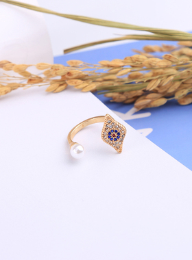 欧美风百搭珍珠镶钻合金眼睛戒指