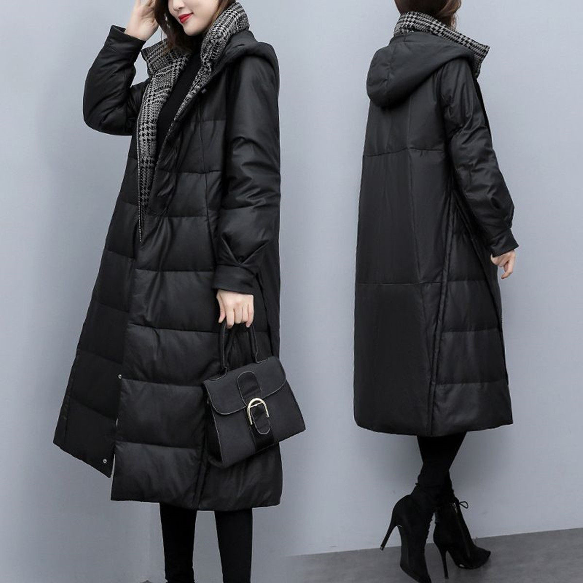 海宁头层真皮绵羊皮羽绒服女2025冬季新中长连帽防风袖大码皮外套