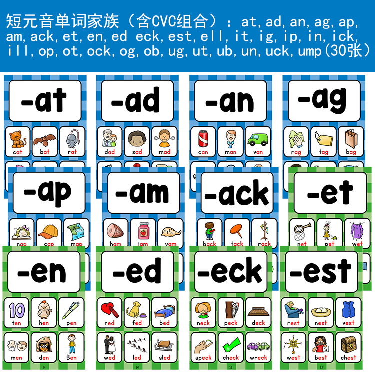 基础phonics字母英语自然拼读英文单词教材卡片CVC元辅音教师教具-图1