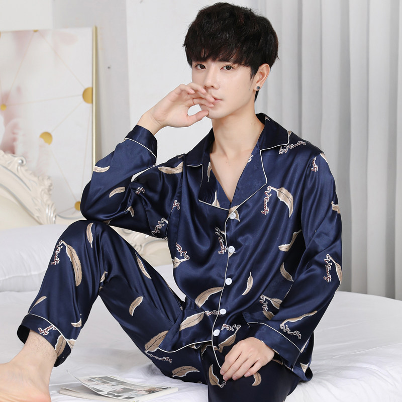 春秋季长袖冰丝男士睡衣夏季套装 点彩睡衣/家居服套装