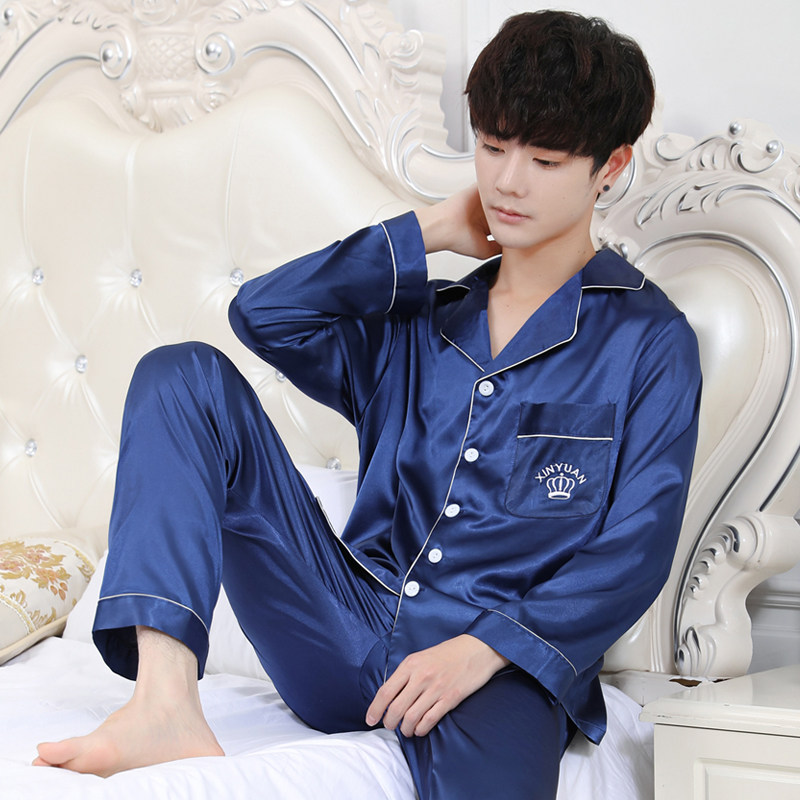 春秋季长袖冰丝男士睡衣夏季套装 点彩睡衣/家居服套装