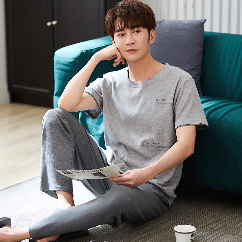 男士夏季短袖长裤全棉休闲睡衣 jeeyuntoo吉运兔睡衣/家居服套装