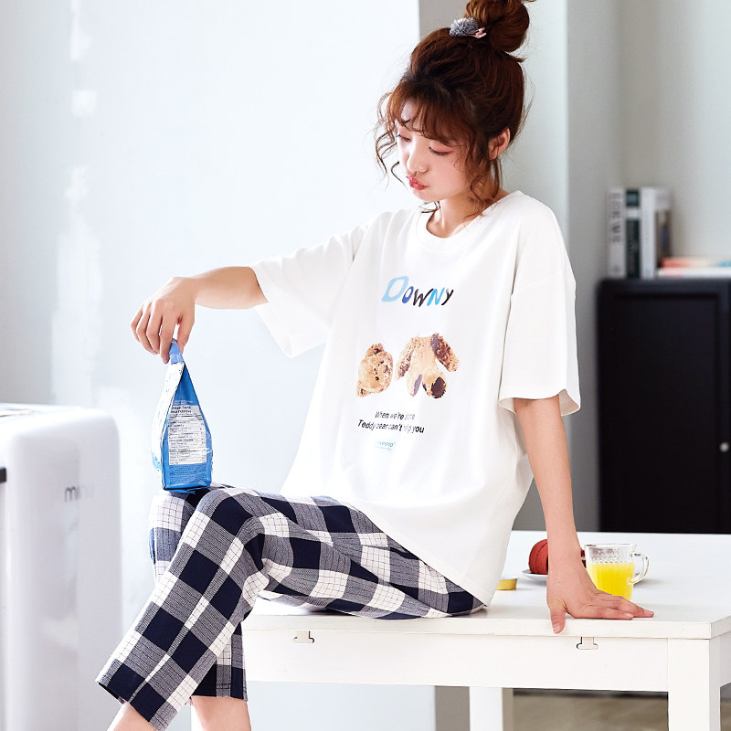 短袖夏纯棉长裤薄款两件套装睡衣 jeeyuntoo吉运兔睡衣/家居服套装