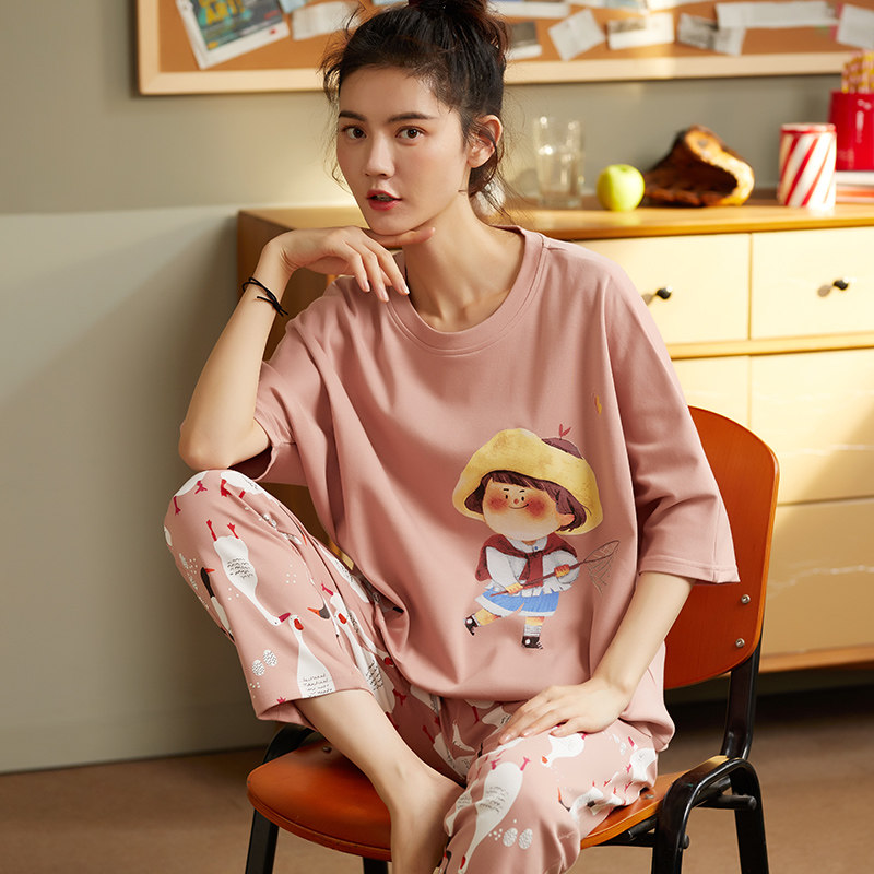 夏天纯棉短袖长裤两件套装韩版睡衣 jeeyuntoo吉运兔睡衣/家居服套装