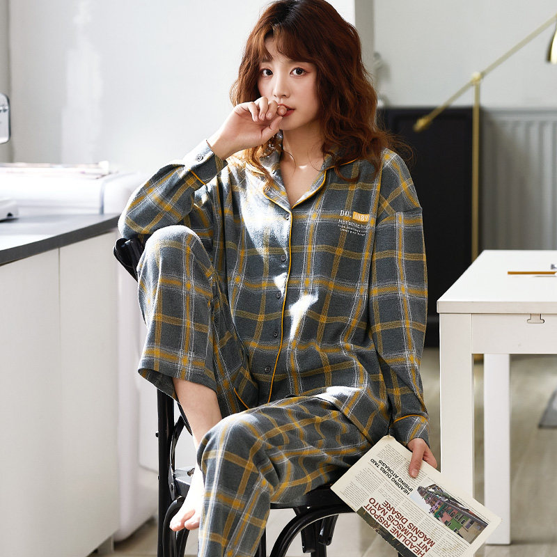 春秋款纯棉长袖韩版格子春装睡衣 jeeyuntoo吉运兔睡衣/家居服套装