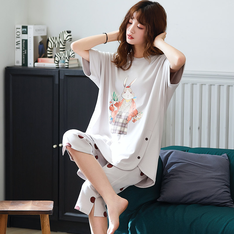 睡衣女夏纯棉薄款短袖七分裤 jeeyuntoo吉运兔睡衣/家居服套装