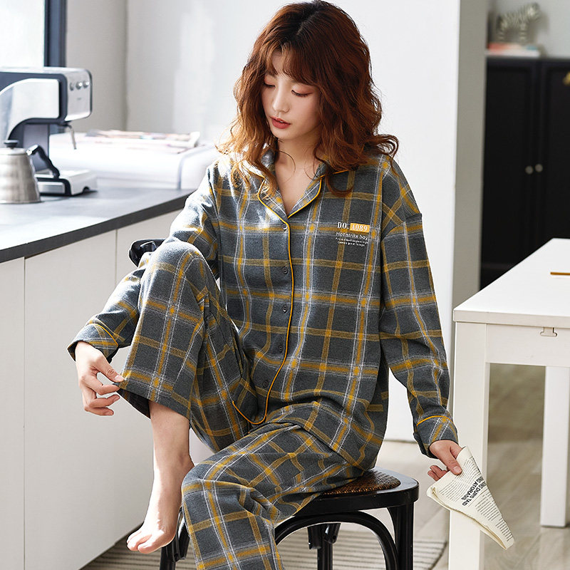 春秋款纯棉长袖韩版格子春装睡衣 jeeyuntoo吉运兔睡衣/家居服套装