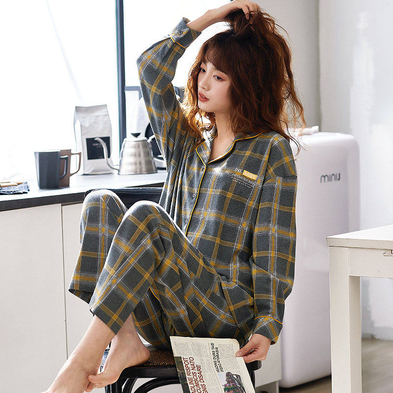 春秋款纯棉长袖韩版格子春装睡衣 jeeyuntoo吉运兔睡衣/家居服套装