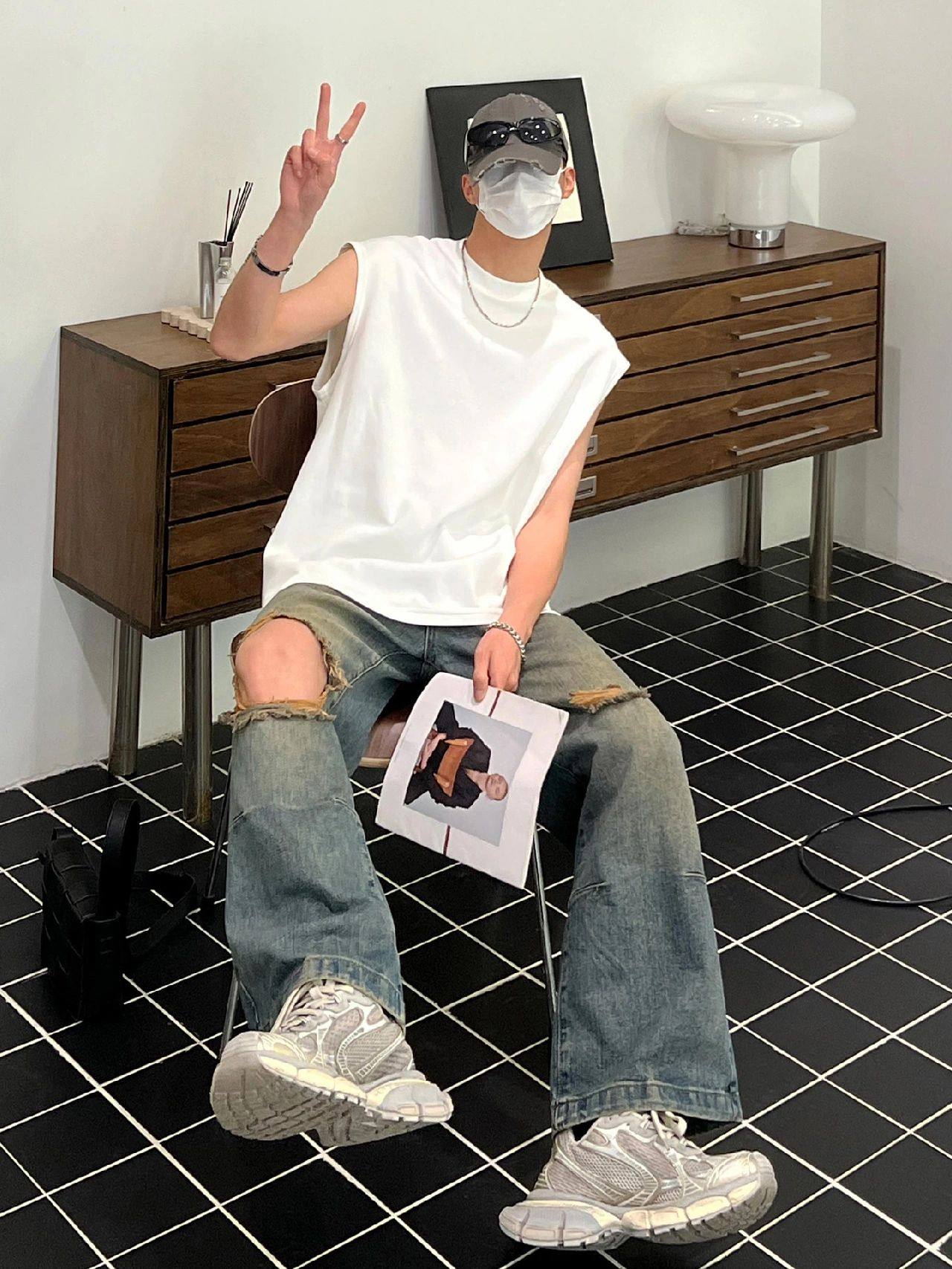 美式高街vibe做旧膝盖破洞牛仔裤男复古潮流宽松直筒阔腿百搭裤子,淘宝优惠券,粉丝福利购,淘宝优惠卷