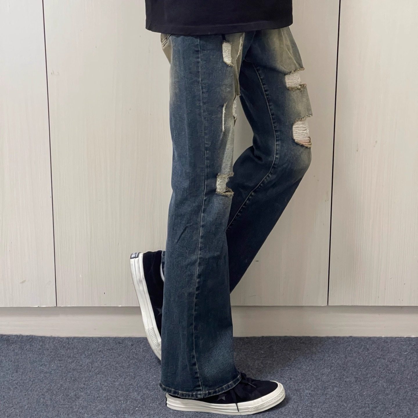 美式小众高街日常休闲磨破洞修身牛仔裤男女cleanfit风微喇长裤子,淘宝优惠券,粉丝福利购,淘宝优惠卷