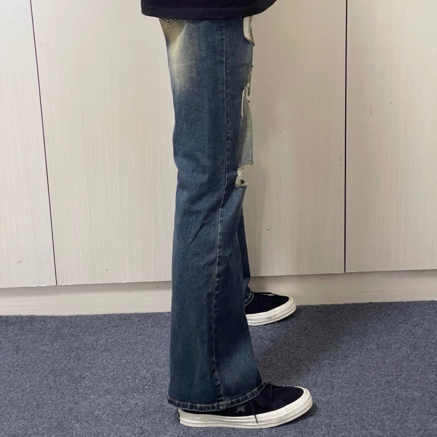 美式小众高街日常休闲磨破洞修身牛仔裤男女cleanfit风微喇长裤子,淘宝优惠券,粉丝福利购,淘宝优惠卷