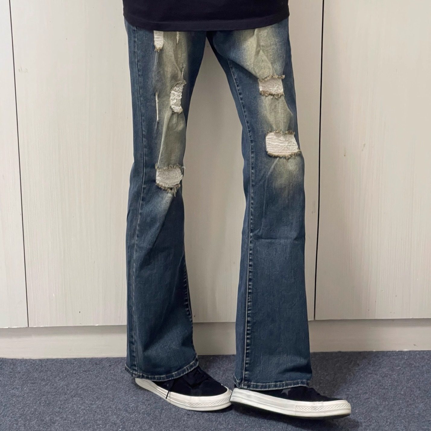 美式小众高街日常休闲磨破洞修身牛仔裤男女cleanfit风微喇长裤子,淘宝优惠券,粉丝福利购,淘宝优惠卷