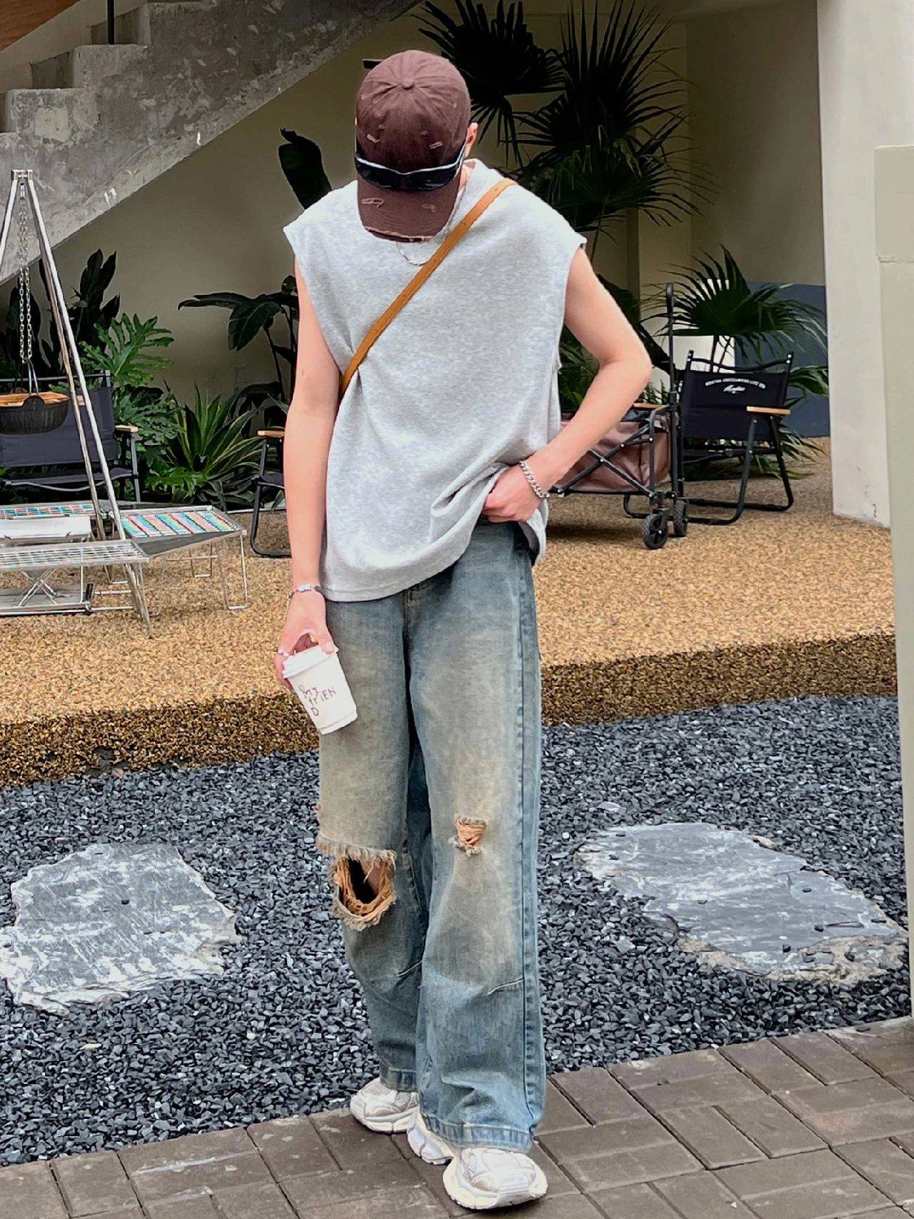 美式高街vibe做旧膝盖破洞牛仔裤男复古潮流宽松直筒阔腿百搭裤子,淘宝优惠券,粉丝福利购,淘宝优惠卷