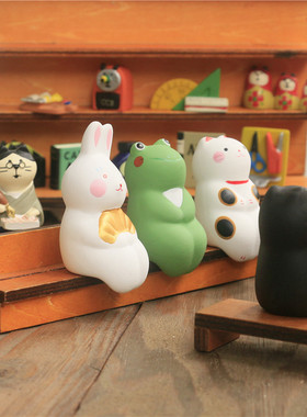 日式招福陶土小动物摆件