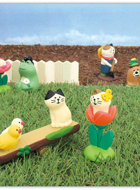 春天花园劳作猫咪场景日式摆件