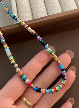 新款原创设计彩色多巴胺飞盘串珠复古轻奢项链天然石百搭气质颈链