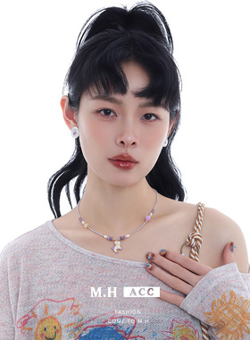 夏季小清新可爱紫色小狗锆石项链女款轻奢时尚日常通勤百搭锁骨链