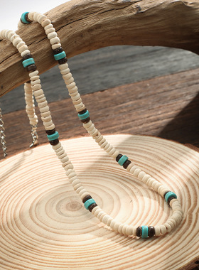 欧美波西风松石木珠拼接男士项链嘻哈小众高级感简约百搭饰品