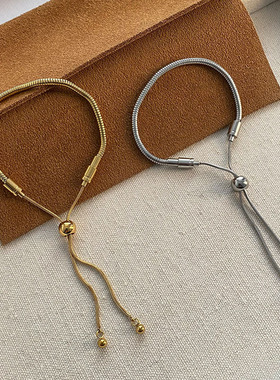 精品潘家多拉手链女不锈钢可调节diy串珠蛇骨链银色简约手饰