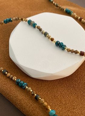 博主同款撞色天然石项链个性叠戴串珠颈链电镀真金锁骨链高级感女