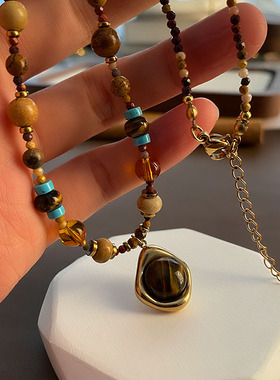 波西米亚复古串珠项链女2025新款虎眼石吊坠民族风锁骨链颈链配饰
