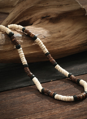 欧美椰壳木珠波西米亚男士项链锁骨链复古百搭设计感男士饰品