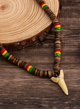 欧美热卖饰品 混色木珠椰壳鲨鱼牙齿男项链 嘻哈风个性小众男配饰