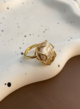 天然淡水珍珠方形欧美巴洛克戒指女式小众设计金色轻奢高级感指环