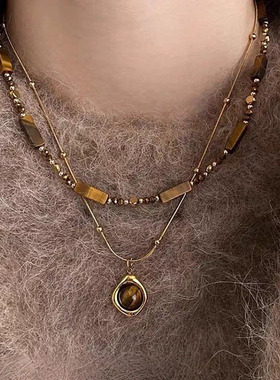 复古天然虎眼石锁骨链女轻奢小众叠戴串珠项链颈链毛衣链2025新款
