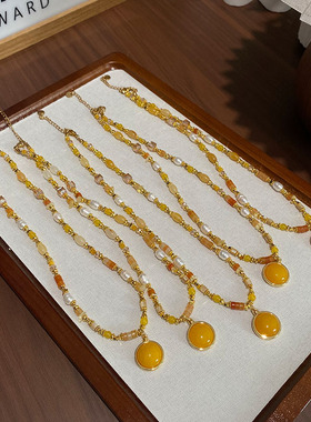 新中式黄玉髓圆牌串珠项链女 复古珍珠天然石锁骨链国风旗袍配饰
