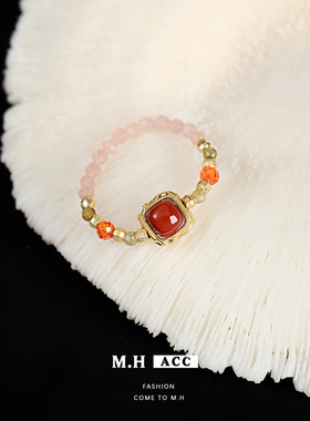 新中式太阳石玛瑙串珠戒指女轻奢复古小众百搭高级感指环手饰热卖