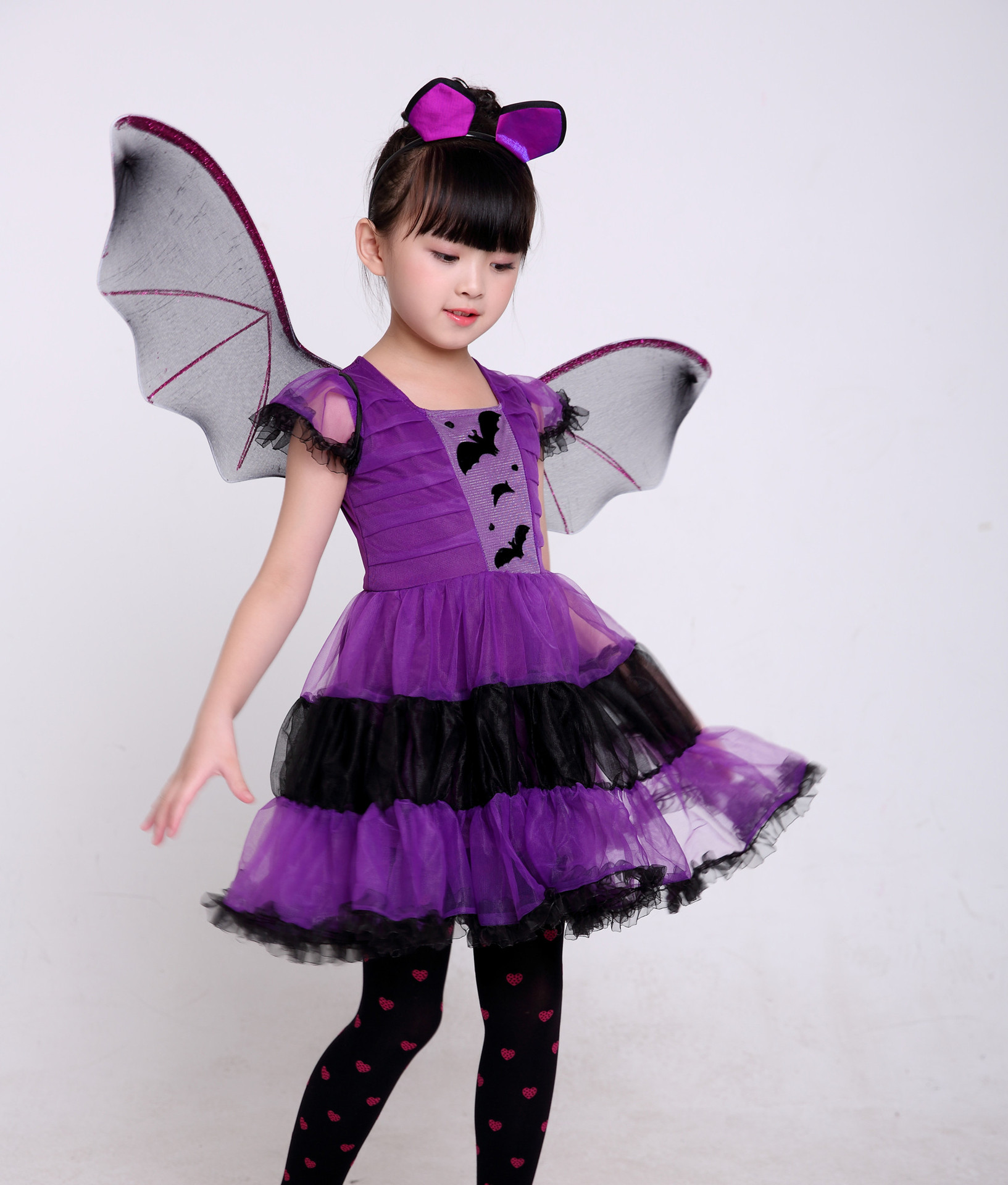 万圣节女童服装公主巫婆Cosplay化妆舞会表演出衣服紫色蝙蝠服装