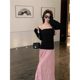French A-line pink skirt for women pleated long skirt