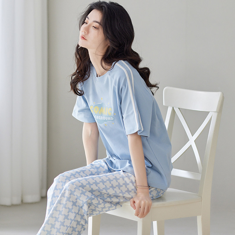 女士纯棉短袖长裤家居服套装天睡衣 雅模派对睡衣/家居服套装