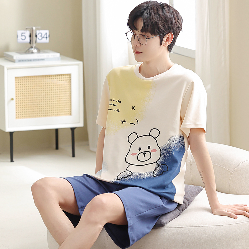 男士男款夏季纯棉短袖100%天睡衣 雅模派对睡衣/家居服套装