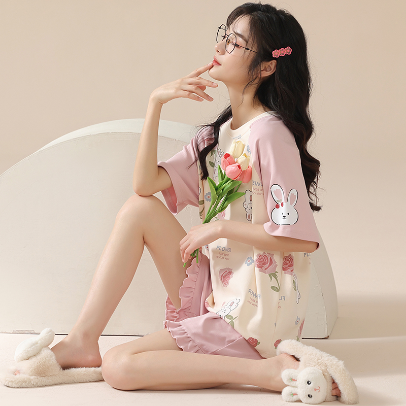春秋款纯棉短袖可外穿两件套装睡衣 雅模派对睡衣/家居服套装