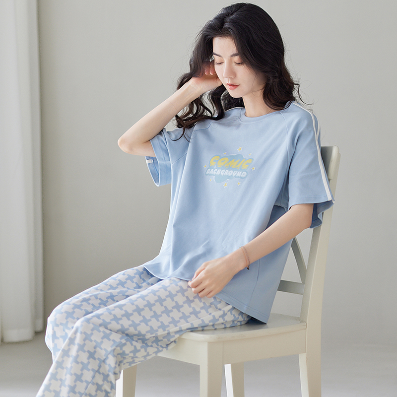 女士纯棉短袖长裤家居服套装天睡衣 雅模派对睡衣/家居服套装